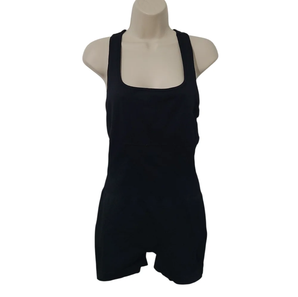 Black Open Back Workout Romper - Picture 3 of 5